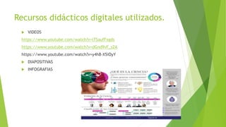 Recursos didácticos digitales utilizados.
 VIDEOS
https://www.youtube.com/watch?v=lTSaufFxgds
https://www.youtube.com/watch?v=dGnd9vF_s2A
https://www.youtube.com/watch?v=y4h8-X5iOyY
 DIAPOSITIVAS
 INFOGRAFIAS
 