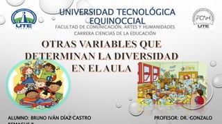 UNIVERSIDAD TECNOLÓGICA
EQUINOCCIAL
FACULTAD DE COMUNICACIÓN, ARTES Y HUMANIDADES
CARRERA CIENCIAS DE LA EDUCACIÓN
ALUMNO: BRUNO IVÁN DÍAZ CASTRO PROFESOR: DR. GONZALO
 