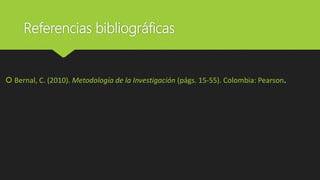 Referencias bibliográficas
 Bernal, C. (2010). Metodología de la Investigación (págs. 15-55). Colombia: Pearson.
 