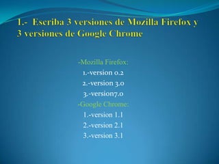 -Mozilla Firefox:
  1.-version 0.2
 2.-version 3.0
  3.-version7.0
-Google Chrome:
  1.-version 1.1
  2.-version 2.1
  3.-version 3.1
 