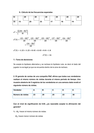 6.- Cálculo de las frecuencias esperadas

Ei           20              20             20         20           20            20

Oi     15           25            33             17          16            14




7.- Toma de decisiones

Se acepta la hipótesis alternativa y se rechaza la hipótesis nula, es decir el dado del
jugador no es legal ya que se encuentra dentro de la zona de rechazo.




2. El gerente de ventas de una compañía P&C afirma que todos sus vendedores
realizan el mismo número de visitas durante el mismo período de tiempo. Una
muestra aleatoria de 5 registros de los vendedores en una semana dada reveló el
siguiente número de visitas.

Vendedor                 A             B          C            D            E

Número de visitas        23            29         25           23           30




Con el nivel de significación de 0.05, ¿es razonable aceptar la afirmación del
gerente?

1.-    : hacen el mismo número de visitas

      : hacen menor número de visitas
 