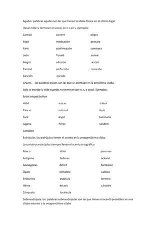 Agudas: palabras agudas son las que tienen la silaba tónica en el último lugar.

Llevan tilde si terminan en vocal, en n o en s. ejemplos:

Camión                      correré                         alegro

Papá                        medicación                      pensara

París                       confirmación                    caminara

León                        Tonalá                          volaré

Alegró                      adicción                        acción

Caminó                      perfección                      comezón

Canción                      enredo

Graves.- las palabras graves son las que se acentúan en la penúltima sílaba.

Solo se escribe la tilde cuando no terminan con n, s, o vocal. Ejemplos:

Árbol césped bolívar

Hábil                         azúcar                                 trébol

Cáncer                        mármol                                 lápiz

Fácil                         ángel                                  caminaría

Jugaría                       Pérez                                  tándem

González

Esdrújulas: las esdrújulas tienen el acento en la antepenúltima sílaba

Las palabras esdrújulas siempre llevan el acento ortográfico

Ábaco                          ídolo                                  páncreas

Antígona                       órdenes                                océano

Anaxagonas                     déficit                                fantástico

Ópalo                          tómatelo                               caótico

Endocrino                      espátula                               termino

Héroe                          éxtasis                                cárceles

Cómpralo                        tarántula

Sobreesdrújula: las `palabras sobreesdrújulas son las que tienen el acento prosódico en una
sílaba anterior a la antepenúltima sílaba
 