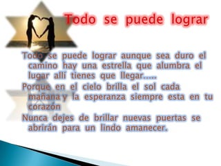 Todo se puede lograr aunque sea duro el
 camino hay una estrella que alumbra el
 lugar allí tienes que llegar…..
Porque en el cielo brilla el sol cada
 mañana y la esperanza siempre esta en tu
 corazón
Nunca dejes de brillar nuevas puertas se
 abrirán para un lindo amanecer.
 