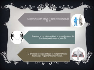 La comunicación apoya el logro de los objetivos
                   de TI




     Asegura la concienciación y el entendimiento de
            los riesgos del negocio y de TI.




El proceso debe garantizar el cumplimento de
      las leyes y reglamentos relevantes.
 