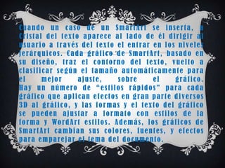 Cuando un caso de un SmartArt se inserta, a
Cristal del texto aparece al lado de él dirigir al
usuario a través del texto el entrar en los niveles
jerárquicos. Cada gráfico de SmartArt, basado en
su diseño, traz el contorno del texto, vuelto a
clasificar según el tamaño automáticamente para
el       mejor         ajuste,            sobre           el       gráfico.
Hay un número de “estilos rápidos” para cada
gráfico que aplican efectos en gran parte diversos
3D al gráfico, y las formas y el texto del gráfico
se pueden ajustar a formato con estilos de la
f o r m a y Wo r d A r t e s t i l o s . A d e m á s , l o s g r á f i c o s d e
SmartArt cambian sus colores, fuentes, y efectos
para emparejar el tema del documento.
 