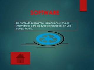 SOFTWARE
Conjunto de programas, instrucciones y reglas
informáticas para ejecutar ciertas tareas en una
computadora.
 