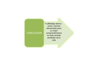 • LaBiologia abarca
                varias ciencias
               elementales para
                    su mejor
CONCLUSION     comprendimiento
                en todo sentido
                alrededor de la
                      vida
 
