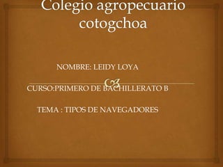 NOMBRE: LEIDY LOYA
CURSO:PRIMERO DE BACHILLERATO B

TEMA : TIPOS DE NAVEGADORES

 