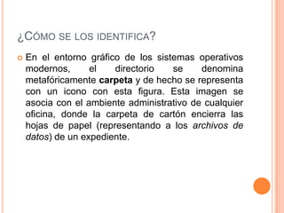 ¿Cómo se los identifica?En el entorno gráfico de los sistemas operativos modernos, el directorio se denomina metafóricamente carpeta y de hecho se representa con un icono con esta figura. Esta imagen se asocia con el ambiente administrativo de cualquier oficina, donde la carpeta de cartón encierra las hojas de papel (representando a los archivos de datos) de un expediente.