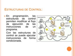 Estructuras de Control:En programación, las estructuras de control permiten modificar el flujo de ejecución de las instrucciones de un programa.	Con las estructuras de control se puede ejecutar instrucciones de forma condicionada. 