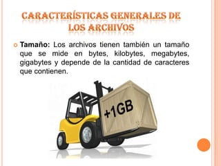 Características generales de los archivosTamaño: Los archivos tienen también un tamaño que se mide en bytes, kilobytes, megabytes, gigabytes y depende de la cantidad de caracteres que contienen.