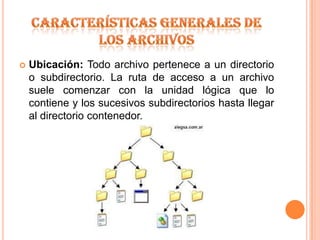 Características generales de los archivosUbicación: Todo archivo pertenece a un directorio o subdirectorio. La ruta de acceso a un archivo suele comenzar con la unidad lógica que lo contiene y los sucesivos subdirectorios hasta llegar al directorio contenedor.