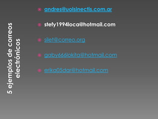    andres@uolsinectis.com.ar

   stefy1994loca@hotmail.com

   silet@correo.org

   gaby666lokita@hotmail.com

   erika05dar@hotmail.com
 