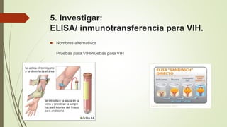 5. Investigar:
ELISA/ inmunotransferencia para VIH.
 Nombres alternativos
Pruebas para VIHPruebas para VIH
 