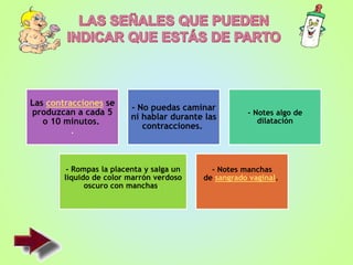 Las contracciones se
produzcan a cada 5
o 10 minutos.
.
- No puedas caminar
ni hablar durante las
contracciones.
- Notes algo de
dilatación
- Rompas la placenta y salga un
líquido de color marrón verdoso
oscuro con manchas.
- Notes manchas
de sangrado vaginal.
 