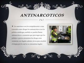 ANTINARCOTICOS
 los narcóticos son los estupefacientes o mas
conocido como drogas los antinarcóticos son los
policías antidrogas, también se pueden llamar
antinarcóticos a sustancias que prevengan que los
policías o perros encuentren las drogas estas
sustancias son ilegales además sirven para encubrir
el dopaje por lo cual no se encuentran legales
 