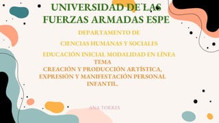 UNIVERSIDAD DE LAS
FUERZAS ARMADAS ESPE
DEPARTAMENTO DE
CIENCIAS HUMANAS Y SOCIALES
EDUCACIÓN INICIAL MODALIDAD EN LÍNEA
ANA TORRES
TEMA
CREACIÓN Y PRODUCCIÓN ARTÍSTICA,
EXPRESIÓN Y MANIFESTACIÓN PERSONAL
INFANTIL.
 