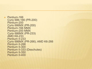    Pentium-166
    Cyrix 686-166 (PR-200)
    Pentium-200
    Cyrix 686MX (PR-200)
    Pentium-166 MMX
    Pentium-200 MMX
    Cyrix 686MX (PR-233)
    AMD K6-233
    Pentium II-233
    Cyrix 686MX (PR-266); AMD K6-266
    Pentium II-266
    Pentium II-300
    Pentium II-333 (Deschutes)
    Pentium II-350
    Pentium II-400
 