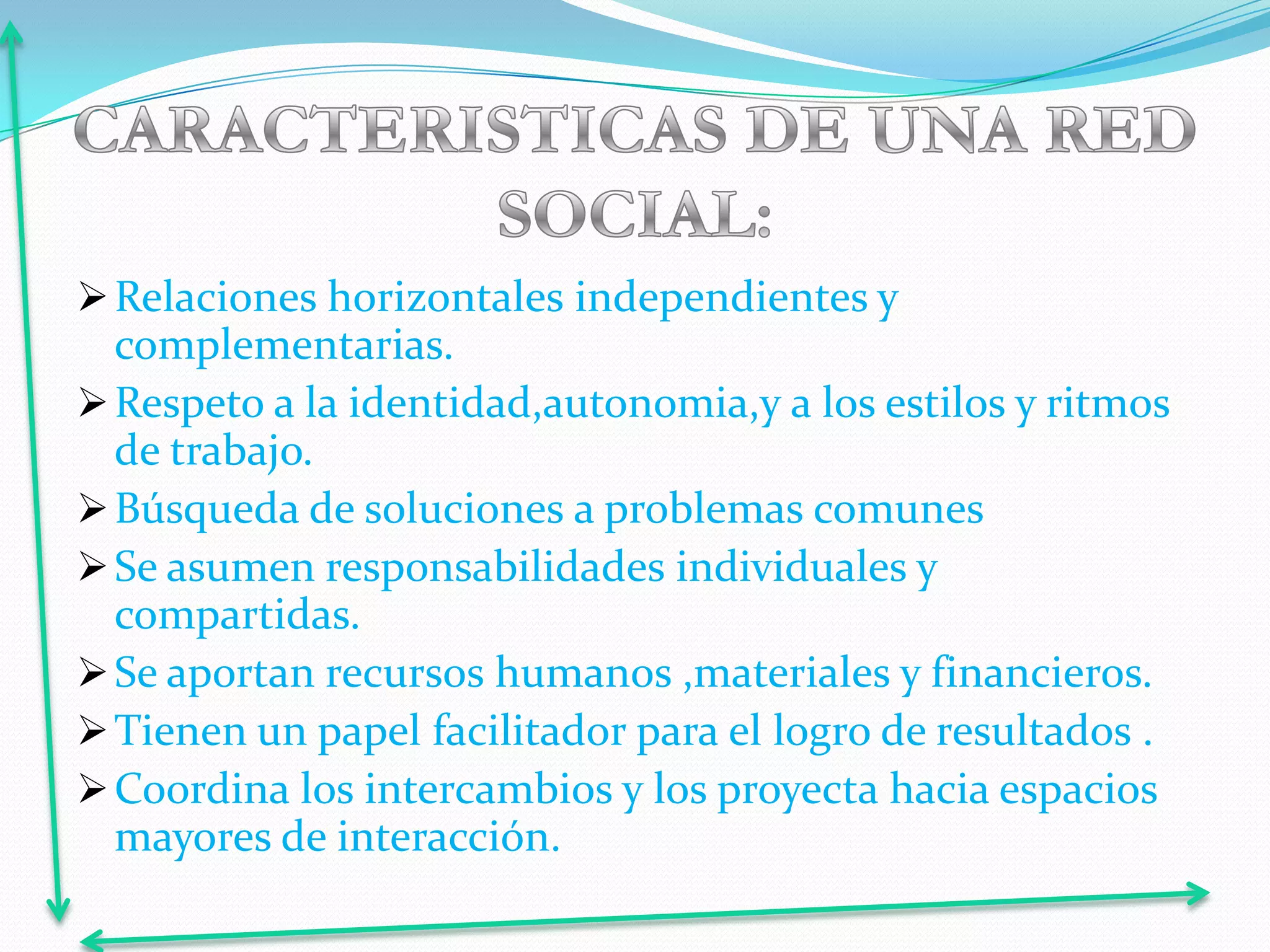 Relaciones horizontales independientes y
complementarias.
Respeto a la identidad,autonomia,y a los estilos y ritmos
de trabajo.
Búsqueda de soluciones a problemas comunes
Se asumen responsabilidades individuales y
compartidas.
Se aportan recursos humanos ,materiales y financieros.
Tienen un papel facilitador para el logro de resultados .
Coordina los intercambios y los proyecta hacia espacios
mayores de interacción.
 