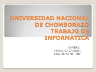 UNIVERSIDAD NACIONAL
DE CHOMBORAZO
TRABAJO DE
INFORMATICA
NOMBRE:
VERONICA ZAMORA
CUARTO SEMESTRE

 