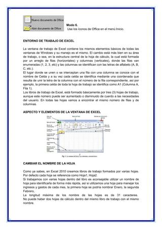 Modo 6.
Use los íconos de Office en el menú Inicio.

ENTORNO DE TRABAJO DE EXCEL
La ventana de trabajo de Excel contiene los mismos elementos básicos de todas las
ventanas de Windows y su manejo es el mismo. El cambio está más bien en su área
de trabajo, o sea, en la estructura central de la hoja de cálculo, la cual está formada
por un arreglo de filas (horizontales) y columnas (verticales), donde las filas van
enumeradas (1, 2, 3, etc) y las columnas se identifican con las letras de alfabeto (A, B,
C, etc.).
El lugar donde se unen o se interceptan una fila con una columna se conoce con el
nombre de Celda y a su vez cada celda se identifica mediante una coordenada que
resulta de unir la letra de la columna con el número de la fila correspondiente, así por
ejemplo, la primera celda de toda la hoja de trabajo se identifica como A1 (Columna A,
Fila 1).
Los libros de trabajo de Excel, está formado básicamente por tres (3) hojas de trabajo,
aunque este número puede ser aumentado o disminuido de cuerdo a las necesidades
del usuario. En todas las hojas vamos a encontrar el mismo número de filas y de
columnas.
ASPECTO Y ELEMENTOS DE LA VENTANA DE EXCEL

CAMBIAR EL NOMBRE DE LA HOJA
Como ya sabes, en Excel 2010 creamos libros de trabajo formados por varias hojas.
Por defecto cada hoja se referencia como Hoja1, Hoja2.
Si trabajamos con varias hojas dentro del libro es aconsejable utilizar un nombre de
hoja para identificarla de forma más rápida, así si utilizamos una hoja para manejar los
ingresos y gastos de cada mes, la primera hoja se podría nombrar Enero, la segunda
Febrero,
La longitud máxima de los nombre de las hojas es de 31 caracteres.
No puede haber dos hojas de cálculo dentro del mismo libro de trabajo con el mismo
nombre.

 