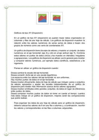 Gráficos de tipo XY (Dispersión)
En un gráfico de tipo XY (dispersión) se pueden trazar datos organizados en
columnas y filas de una hoja de cálculo. Los gráficos de dispersión muestran la
relación entre los valores numéricos de varias series de datos o trazan dos
grupos de números como una serie de coordenadas XY.
Un gráfico de dispersión tiene dos ejes de valores y muestra un conjunto de datos
numéricos en el eje horizontal (eje X) y otro en el eje vertical (eje Y). Combina
estos valores en puntos de datos únicos y los muestra en intervalos irregulares
o agrupaciones. Los gráficos de dispersión se utilizan por lo general para mostrar
y comparar valores numéricos, por ejemplo datos científicos, estadísticos y de
ingeniería.
Piense en utilizar un gráfico de dispersión cuando:
 Desea cambiar la escala del eje horizontal.
 Desea convertir dicho eje en una escala logarítmica.
 Los espacios entre los valores del eje horizontal no son uniformes.
 Hay muchos puntos de datos en el eje horizontal.
 Desea mostrar eficazmente datos de hoja de cálculo que incluyen pares o conjuntos
de valores agrupados y ajustar las escalas independientes de un gráfico de
dispersión para revelar más información acerca de los valores agrupados.
 Desea mostrar similitudes entre grandes conjuntos de datos en lugar de diferencias
entre puntos de datos.
 Desea comparar muchos puntos de datos sin tener en cuenta el tiempo: cuantos
más datos incluya en un gráfico de dispersión, mejores serán las comparaciones
que podrá realizar.
Para organizar los datos de una hoja de cálculo para un gráfico de dispersión,
debería colocar los valores de X en una fila o columna y, a continuación, escribir
los valores y correspondientes en las filas o columnas adyacentes.
 