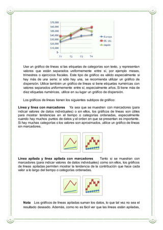 Use un gráfico de líneas si las etiquetas de categorías son texto, y representan
valores que están separados uniformemente entre sí, por ejemplo meses,
trimestres o ejercicios fiscales. Este tipo de gráfico es válido especialmente si
hay más de una serie: si sólo hay una, se recomienda utilizar un gráfico de
dispersión. Utilice también un gráfico de líneas si tiene etiquetas numéricas con
valores separados uniformemente entre sí, especialmente años. Si tiene más de
diez etiquetas numéricas, utilice en su lugar un gráfico de dispersión.
Los gráficos de líneas tienen los siguientes subtipos de gráfico:
 Línea y línea con marcadores Ya sea que se muestren con marcadores (para
indicar valores de datos individuales) o sin ellos, los gráficos de líneas son útiles
para mostrar tendencias en el tiempo o categorías ordenadas, especialmente
cuando hay muchos puntos de datos y el orden en que se presentan es importante.
Si hay muchas categorías o los valores son aproximados, utilice un gráfico de líneas
sin marcadores.
 Línea apilada y línea apilada con marcadores Tanto si se muestran con
marcadores (para indicar valores de datos individuales) como sin ellos, los gráficos
de líneas apiladas permiten mostrar la tendencia de la contribución que hace cada
valor a lo largo del tiempo o categorías ordenadas.
Nota Los gráficos de líneas apiladas suman los datos, lo que tal vez no sea el
resultado deseado. Además, como no es fácil ver que las líneas están apiladas,
 