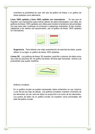 considere la posibilidad de usar otro tipo de gráfico de líneas o un gráfico de
áreas apiladas como alternativa.
 Línea 100% apilada y línea 100% apilada con marcadores Ya sea que se
muestren con marcadores (para indicar valores de datos individuales) o sin ellos, los
gráficos de líneas 100% apiladas son útiles para mostrar la tendencia del porcentaje
con que cada valor contribuye en el tiempo o categorías ordenadas. Si hay muchas
categorías o los valores son aproximados, use un gráfico de líneas 100% apiladas
sin marcadores.
Sugerencia Para obtener una mejor presentación de este tipo de datos, puede
utilizar en su lugar un gráfico de áreas 100% apiladas.
 Líneas 3D Los gráficos de líneas 3D muestran cada fila o columna de datos como
una cinta de opciones 3D. Un gráfico de líneas 3D tiene ejes horizontal, vertical y de
profundidad que puede modificar.
Gráficos circulares
En un gráfico circular se pueden representar datos contenidos en una columna
o una fila de una hoja de cálculo. Los gráficos circulares muestran el tamaño de
los elementos de una serie de datos en proporción a la suma de los elementos.
Los puntos de datos de un gráfico circular se muestran como porcentajes del
total del gráfico circular.
 