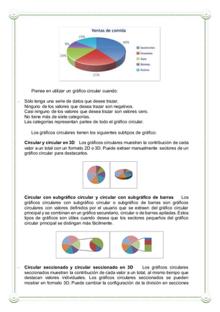 Piense en utilizar un gráfico circular cuando:
 Sólo tenga una serie de datos que desee trazar.
 Ninguno de los valores que desea trazar son negativos.
 Casi ninguno de los valores que desea trazar son valores cero.
 No tiene más de siete categorías.
 Las categorías representan partes de todo el gráfico circular.
Los gráficos circulares tienen los siguientes subtipos de gráfico:
 Circular y circular en 3D Los gráficos circulares muestran la contribución de cada
valor a un total con un formato 2D o 3D. Puede extraer manualmente sectores de un
gráfico circular para destacarlos.
 Circular con subgráfico circular y circular con subgráfico de barras Los
gráficos circulares con subgráfico circular o subgráfico de barras son gráficos
circulares con valores definidos por el usuario que se extraen del gráfico circular
principal y se combinan en un gráfico secundario, circular o de barras apiladas. Estos
tipos de gráficos son útiles cuando desea que los sectores pequeños del gráfico
circular principal se distingan más fácilmente.
 Circular seccionado y circular seccionado en 3D Los gráficos circulares
seccionados muestran la contribución de cada valor a un total, al mismo tiempo que
destacan valores individuales. Los gráficos circulares seccionados se pueden
mostrar en formato 3D. Puede cambiar la configuración de la división en secciones
 