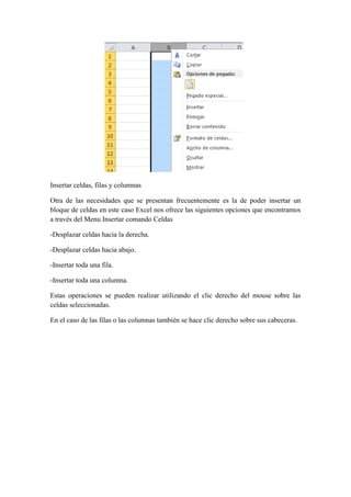 Insertar celdas, filas y columnas
Otra de las necesidades que se presentan frecuentemente es la de poder insertar un
bloque de celdas en este caso Excel nos ofrece las siguientes opciones que encontramos
a través del Menu Insertar comando Celdas
-Desplazar celdas hacia la derecha.
-Desplazar celdas hacia abajo.
-Insertar toda una fila.
-Insertar toda una columna.
Estas operaciones se pueden realizar utilizando el clic derecho del mouse sobre las
celdas seleccionadas.
En el caso de las filas o las columnas también se hace clic derecho sobre sus cabeceras.

 