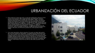 URBANIZACIÓN DEL ECUADOR
• El Ecuador es cada vez más un país de habitantes urbanos. En el
censo nacional de 1990, el porcentaje de población urbana
rebasó por primera vez el 50% del total (INEC, 1990). Las áreas
urbanas del país están dominadas por dos ciudades: Guayaquil,
centro económico y de agricultura de exportación en la Costa
(población del núcleo urbano: 1.5 millones en 1990, población del
área metropolitana: 2 millones) y Quito, ciudad capital localizada
en los Andes (población del núcleo urbano: 1.1 millones,
población del área metropolitana: 1.3 millones) (Mapa 2.1). En
conjunto, estas ciudades contienen el 48% de toda la población
urbana del país y el 27% de la población total (Suárez Torres,
1992).
• Con este desarrollo urbano bipolar, Ecuador se aleja del patrón
de muchos países en desarrollo, completamente dominados por
una sola ciudad. El Ecuador ha evitado la explosión de una sola
megaciudad, ya que el crecimiento de Quito y Guayaquil ha sido
notable desde la década del setenta. De hecho, el crecimiento
poblacional de los dos centros urbanos dominantes ha coincidido
con la simultánea expansión constante de algunas ciudades de
tamaño intermedio durante las últimas décadas (Suárez Torres,
1992).
 