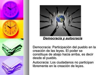 Democracia y autocracia   Democracia: Participación del pueblo en la creación de las leyes. El poder se constituye de abajo hacia arriba, es decir desde el pueblo. Autocracia: Los ciudadanos no participan libremente en la creación de leyes. 