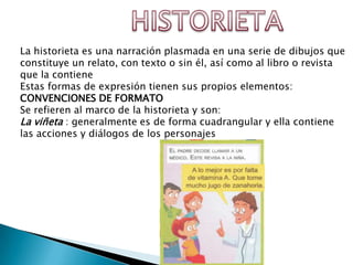 La historieta es una narración plasmada en una serie de dibujos que
constituye un relato, con texto o sin él, así como al libro o revista
que la contiene
Estas formas de expresión tienen sus propios elementos:
CONVENCIONES DE FORMATO
Se refieren al marco de la historieta y son:
La viñeta : generalmente es de forma cuadrangular y ella contiene
las acciones y diálogos de los personajes
 