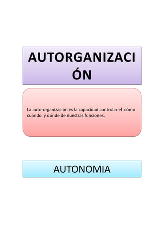 AUTORGANIZACI
ÓN
La auto-organización es la capacidad controlar el cómo
cuándo y dónde de nuestras funciones.

AUTONOMIA

 