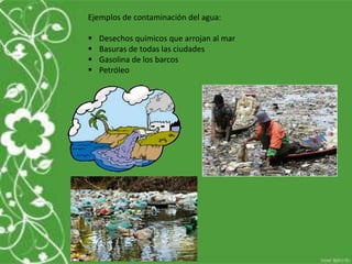 Ejemplos de contaminación del agua:
 Desechos químicos que arrojan al mar
 Basuras de todas las ciudades
 Gasolina de los barcos
 Petróleo
 