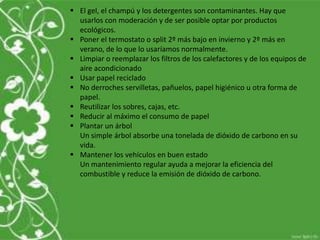  El gel, el champú y los detergentes son contaminantes. Hay que
usarlos con moderación y de ser posible optar por productos
ecológicos.
 Poner el termostato o split 2º más bajo en invierno y 2º más en
verano, de lo que lo usaríamos normalmente.
 Limpiar o reemplazar los filtros de los calefactores y de los equipos de
aire acondicionado
 Usar papel reciclado
 No derroches servilletas, pañuelos, papel higiénico u otra forma de
papel.
 Reutilizar los sobres, cajas, etc.
 Reducir al máximo el consumo de papel
 Plantar un árbol
Un simple árbol absorbe una tonelada de dióxido de carbono en su
vida.
 Mantener los vehículos en buen estado
Un mantenimiento regular ayuda a mejorar la eficiencia del
combustible y reduce la emisión de dióxido de carbono.
 
