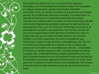 No busquéis esa diferencia ni en la cuantía de los órganos o
facultades, ni en la diversidad de las formas visibles. No la busquéis
en ninguna comparación basada sobre las dos realidades
«naturales». Pero, en cambio, buscadla y la encontraréis en la índole
peculiar de las diferentes vidas que el hombre y el animal viven. La
vida del animal transcurre toda ella constreñida por las leyes
naturales que imperan sobre la especie. En cada momento la vida del
animal está íntegramente predeterminada por la serie total de los
antecedentes reales, por el instinto, por la fisiología, la anatomía, la
psicología de la especie a que pertenece. Por eso dos animales de
una misma especie tienen vidas idénticas. El animal no se hace su
propia vida, sino que la recibe ya hecha, hasta en sus menores
detalles; y se limita a ejecutarla. Es como el comediante, que
representa un papel escrito, pensado y concebido por otro. Por eso
el animal no es responsable de su propio ser, de su propia vida;
porque esa «su» vida no es en puridad suya, sino de... Ia naturaleza.
El hombre, en cambio, porque es libre, necesita hacerse a sí mismo
su propia vida. La libertad humana consiste justamente en eso: en
que la vida del hombre no viene de antemano hecha por las leyes de
la naturaleza, sino que es algo que el hombre mismo, al vivirla, tiene
que hacer y resolver en cada instante y con anticipación. Vivir es para
el animal hacer en cada momento lo que por ley natural tiene que
hacer.
 