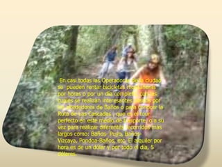 En casi todas las Operadoras de la ciudad
se pueden rentar bicicletas montañeras
por horas o por un día completo, con las
cuales se realizan interesantes paseos por
los alrededores de Baños o para conocer la
Ruta de Las Cascadas , que es el tour
perfecto en este medio de trasporte, o a su
vez para realizar diferentes recorridos más
largos como: Baños- Puyo, Baños-
Vizcaya, Pondoa-Baños, etc. El alquiler por
hora es de un dólar y por todo el día, 5
dólares.
 