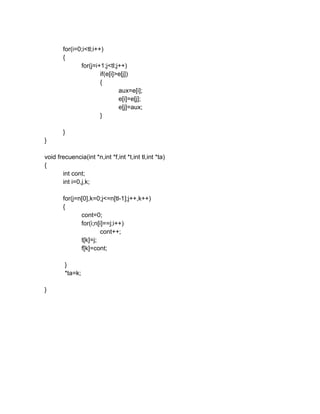 for(i=0;i<tl;i++)
{
for(j=i+1;j<tl;j++)
if(e[i]>e[j])
{
aux=e[i];
e[i]=e[j];
e[j]=aux;
}
}
}
void frecuencia(int *n,int *f,int *t,int tl,int *ta)
{
int cont;
int i=0,j,k;
for(j=n[0],k=0;j<=n[tl-1];j++,k++)
{
cont=0;
for(i;n[i]==j;i++)
cont++;
t[k]=j;
f[k]=cont;
}
*ta=k;
}
 