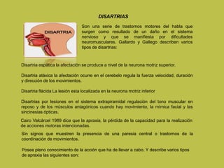 Son una serie de trastornos motores del habla que
surgen como resultado de un daño en el sistema
nervioso y que se manifiesta por dificultades
neuromusculares. Gallardo y Gallego describen varios
tipos de disartrias:
Disartria espática la afectación se produce a nivel de la neurona motriz superior.
Disartria atáxica la afectación ocurre en el cerebelo regula la fuerza velocidad, duración
y dirección de los movimientos.
Disartria flácida La lesión esta localizada en la neurona motriz inferior
Disartrias por lesiones en el sistema extrapiramidal regulación del tono muscular en
reposo y de los músculos antagónicos cuando hay movimiento, la mímica facial y las
sincinesias ópticas.
Cairo Valcárcel 1989 dice que la apraxia, la pérdida de la capacidad para la realización
de acciones motoras intencionadas.
Sin signos que muestren la presencia de una paresia central o trastornos de la
coordinación de movimientos.
Posee pleno conocimiento de la acción que ha de llevar a cabo. Y describe varios tipos
de apraxia las siguientes son:
 