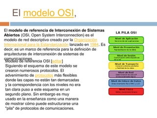 El modelo OSI,El modelo de referencia de Interconexión de Sistemas Abiertos (OSI, Open SystemInterconnection) es el modelo de red descriptivo creado por la Organización Internacional para la Estandarización lanzado en 1984. Es decir, es un marco de referencia para la definición de arquitecturas de interconexión de sistemas de comunicaciones.Modelo de referencia OSI [editar]Siguiendo el esquema de este modelo se crearon numerosos protocolos. El advenimiento de protocolos más flexibles donde las capas no están tan demarcadas y la correspondencia con los niveles no era tan clara puso a este esquema en un segundo plano. Sin embargo es muy usado en la enseñanza como una manera de mostrar cómo puede estructurarse una "pila" de protocolos de comunicaciones.