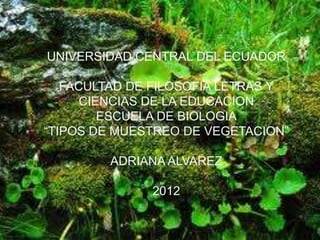 UNIVERSIDAD CENTRAL DEL ECUADOR

   FACULTAD DE FILOSOFIA LETRAS Y
      CIENCIAS DE LA EDUCACION
         ESCUELA DE BIOLOGIA
“TIPOS DE MUESTREO DE VEGETACION”

        ADRIANA ALVAREZ

              2012
 