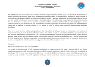 UNIVERSIDAD TECNICA DE MACHALA 
FACULTAD DE CIENCIAS QUIMICAS Y DE LA SALUD 
ESCUELA DE ENFERMERIA 
C 
Para defenderse de esta producción de virus, el sistema inmune de una persona produce muchas células CD4 diariamente. Paulatinamente el número de células CD4 disminuye, por lo que la persona sufre de inmunodeficiencia, lo cual significa que la persona no puede defenderse de otros virus, bacterias, hongos y parásitos que causan enfermedades, lo que deja a la persona susceptible de sufrir enfermedades que una persona sana sería capaz de enfrentar, como la neumonía atípica y la meningitis atípica. Estas enfermedades son principalmente infecciones oportunistas. Dado que el organismo posee mecanismos de control de crecimiento celular dependiente de células CD4, la destrucción progresiva de estas células ocasionará que estos mecanismos no sean adecuadamente regulados, lo que origina en consecuencia la presencia de algunas neoplasias (cáncer) que no ocurrirían en personas «sanas». El VIH, además, es capaz de infectar células cerebrales, causando algunas afecciones neurológicas. 
Como en los demás retrovirus, la información genética del virus está en forma de ARN, que contiene las «instrucciones» para la síntesis de proteínas estructurales, las cuales al unirse conformarán al nuevo virus (virión); es decir sus características hereditarias, que le son necesarias para replicarse. Habitualmente, en la naturaleza el ADN o ácido desoxirribonucleico es una fuente de material genético desde la que se producirá una copia simple de ARN, pero en el caso del VIH, éste logra invertir el sentido de la información, produciendo ADN a partir de su simple copia de ARN, operación que se denomina transcripción inversa, característica de los retrovirus. El virus inserta su información genética en el mecanismo de reproducción de la célula (núcleo celular), gracias a la acción de la transcriptasa reversa. Prevención Artículo principal: Prevención de la infección por VIH Una vez que un individuo contrae el VIH, es altamente probable que en el transcurso de su vida llegue a desarrollar sida. Si bien algunos portadores permanecen en estado asintomático por largos períodos de tiempo, la única manera de evitar el sida consiste en la prevención de la infección por VIH. La única vía para la transmisión del virus es a través de los fluidos corporales como la sangre y los fluidos corporales. Este virus no se puede transmitir a través de la respiración, la saliva, el contacto casual por el tacto, dar la mano, abrazar, besar en la mejilla,  