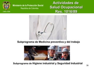 Actividades de  Salud Ocupacional Res. 1016/89 Subprograma de Medicina preventiva y del trabajo Subprograma de   Higiene industrial y Seguridad Industrial 