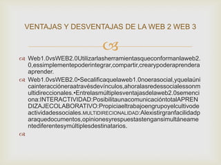 VENTAJAS Y DESVENTAJAS DE LA WEB 2 WEB 3

                             
 Web1.0vsWEB2.0Utilizarlasherramientasqueconformanlaweb2.
  0,essimplementepoderintegrar,compartir,crearypoderaprendera
  aprender.
 Web1.0vsWEB2.0•Secalificaquelaweb1.0noerasocial,yquelaúni
  cainteraccióneraatravésdevínculos,ahoralasredessocialessonm
  ultidireccionales.•Entrelasmúltiplesventajasdelaweb2.0semenci
  ona:INTERACTIVIDAD:PosibilitaunacomunicacióntotalAPREN
  DIZAJECOLABORATIVO:Propiciaeltrabajoengrupoyelcultivode
  actividadessociales.MULTIDIRECIONALIDAD:Alexistirgranfacilidadp
  araquedocumentos,opinionesyrespuestastengansimultáneame
  ntediferentesymúltiplesdestinatarios.

 