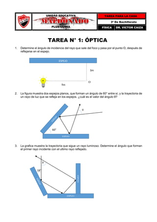 TAREA N° 1: ÓPTICA
1. Determine el ángulo de incidencia del rayo que sale del foco y pasa por el punto O, después de
reflejarse en el espejo.
2. La figura muestra dos espejos planos, que forman un ángulo de 60° entre sí, y la trayectoria de
un rayo de luz que se refleja en los espejos. ¿cuál es el valor del ángulo θ?
3. La grafica muestra la trayectoria que sigue un rayo luminoso. Determine el ángulo que forman
el primer rayo incidente con el ultimo rayo reflejado.
UNIDAD EDUCATIVA
PLUS-ULTRA
TAREA PARA LA CASA
3º De Bachillerato
FÍSICA DR. VICTOR CAIZA
ESPEJO
3m
8m
O
ESPEJO
60°
θ
ESPEJO
18°
θ
ESPEJO
 