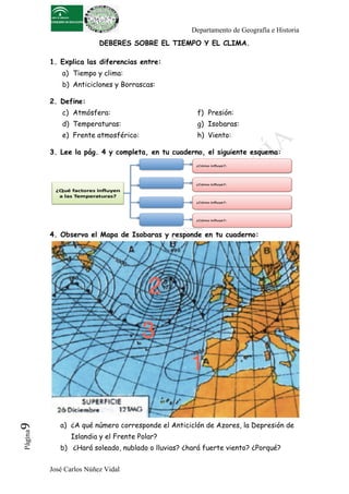 Departamento de Geografía e Historia
José Carlos Núñez Vidal
Página9	
  
DEBERES SOBRE EL TIEMPO Y EL CLIMA.
1. Explica las diferencias entre:
a) Tiempo y clima:
b) Anticiclones y Borrascas:
2. Define:
c) Atmósfera:
d) Temperaturas:
e) Frente atmosférico:
f) Presión:
g) Isobaras:
h) Viento:
3. Lee la pág. 4 y completa, en tu cuaderno, el siguiente esquema:
4. Observa el Mapa de Isobaras y responde en tu cuaderno:
a) ¿A qué número corresponde el Anticiclón de Azores, la Depresión de
Islandia y el Frente Polar?
b) ¿Hará soleado, nublado o lluvias? ¿hará fuerte viento? ¿Porqué?
 