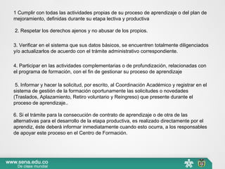 1 Cumplir con todas las actividades propias de su proceso de aprendizaje o del plan de
mejoramiento, definidas durante su etapa lectiva y productiva
2. Respetar los derechos ajenos y no abusar de los propios.
3. Verificar en el sistema que sus datos básicos, se encuentren totalmente diligenciados
y/o actualizarlos de acuerdo con el trámite administrativo correspondiente.
4. Participar en las actividades complementarias o de profundización, relacionadas con
el programa de formación, con el fin de gestionar su proceso de aprendizaje
5. Informar y hacer la solicitud, por escrito, al Coordinación Académico y registrar en el
sistema de gestión de la formación oportunamente las solicitudes o novedades
(Traslados, Aplazamiento, Retiro voluntario y Reingreso) que presente durante el
proceso de aprendizaje..
6. Si el trámite para la consecución de contrato de aprendizaje o de otra de las
alternativas para el desarrollo de la etapa productiva, es realizado directamente por el
aprendiz, éste deberá informar inmediatamente cuando esto ocurra, a los responsables
de apoyar este proceso en el Centro de Formación.
 