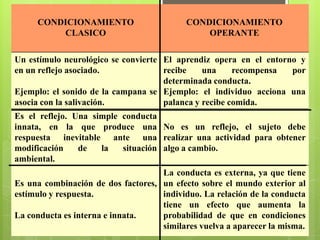SKINNER (1904- 1990)Dividió el proceso de aprendizaje en respuestas: operantes y estímulos reforzantes, lo que condujo al desarrollo de técnicas de modificación de conducta en el aula. Trató la conducta en términos de reforzantes positivos (recompensas) contra reforzantes negativos (castigos).Basó sus teorías en el análisis de las conductas observables.