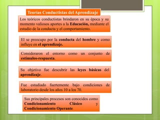 Teorías Conductistas del AprendizajeLos teóricos conductistas brindaron en su época y su momento valiosos aportes a la Educación, mediante el estudio de la conducta y el comportamiento.El se preocupo por la conducta del hombre y como influye en el aprendizaje.Consideraron el entorno como un conjunto de estímulos-respuesta. Su objetivo fue descubrir las leyes básicas del aprendizaje.Fue estudiado fuertemente bajo condiciones de laboratorio desde los años 10 a los 70.Sus principales procesos son conocidos como Condicionamiento Clásico y Condicionamiento Operante.